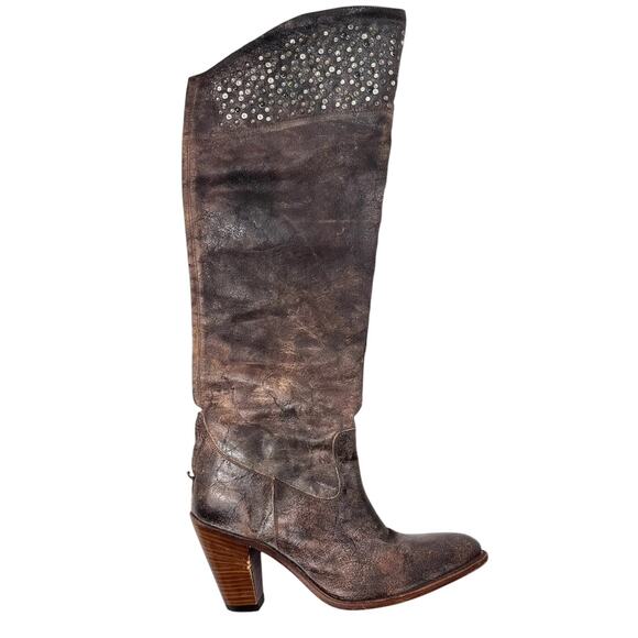 Frye Over the Knee‎ Studded Boots Crackle Leather | Brown | SZ 9